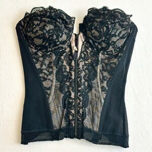 Hollywood Vassarette Black Lace Zip Up peek-a-boo Bustier Corset Top Vintage 36B
